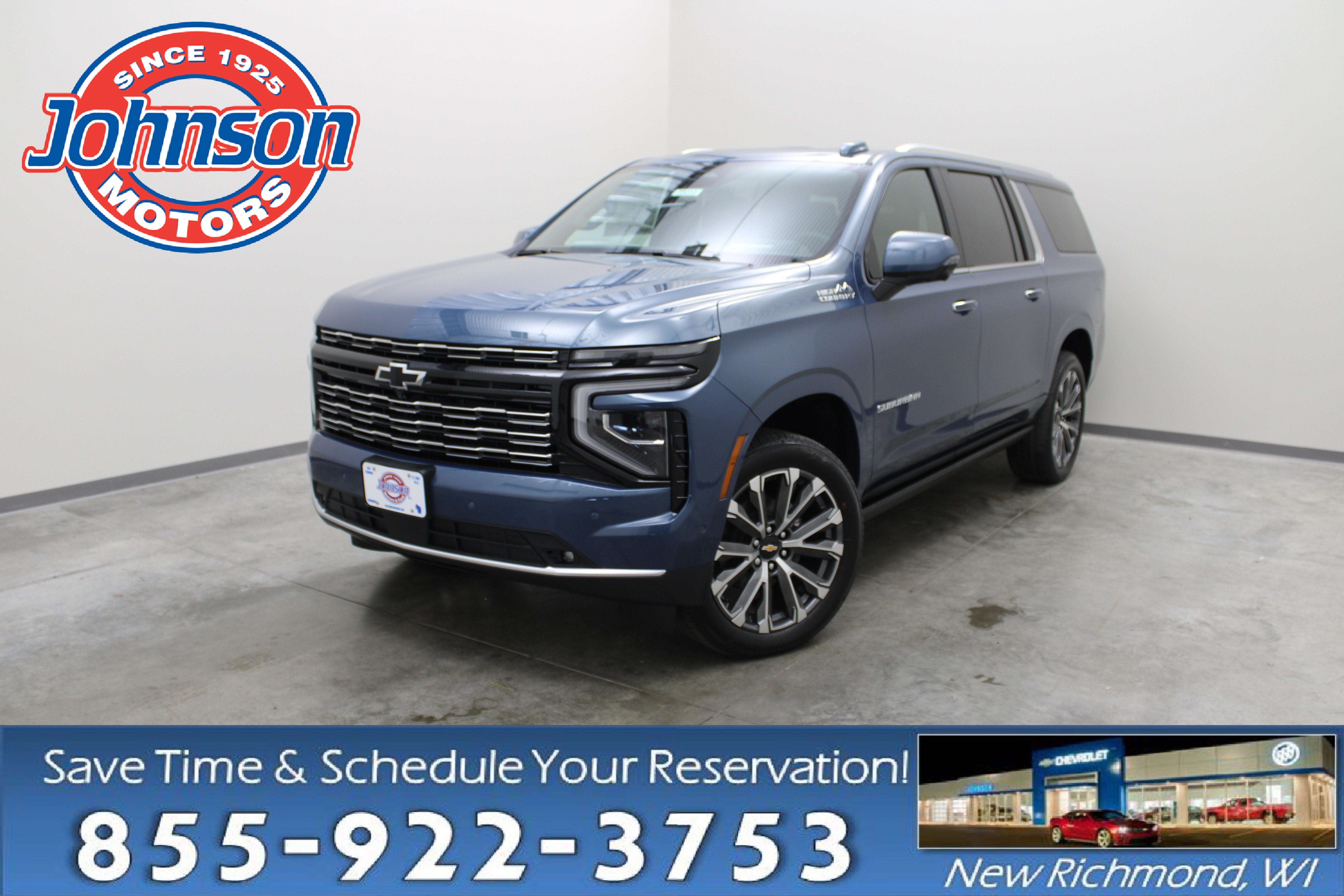 2026 Chevrolet Suburban High Country in Lakeshore Blue Metallic — front three-quarter view