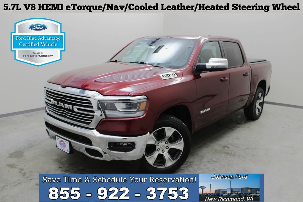 2023 RAM 1500 Laramie in Delmonico Red Pearlcoat — front three-quarter view
