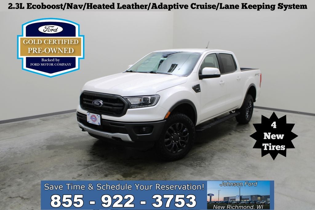 2020 Ford Ranger Lariat in White Platinum Clearcoat Metallic — front three-quarter view