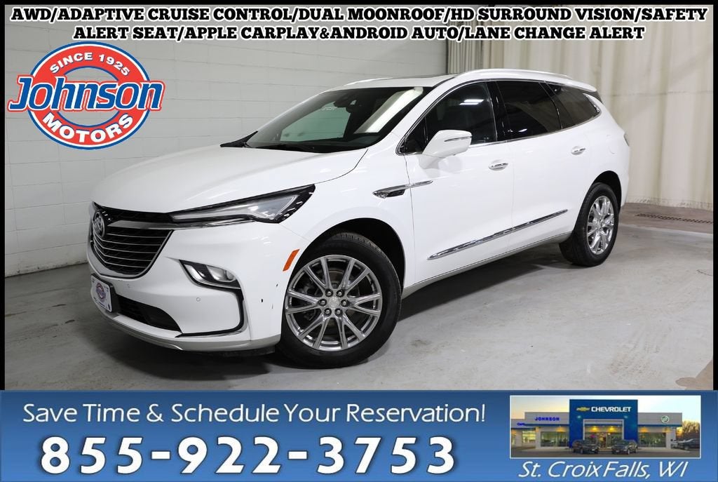 2022 Buick Enclave Essence in Summit White — front three-quarter view