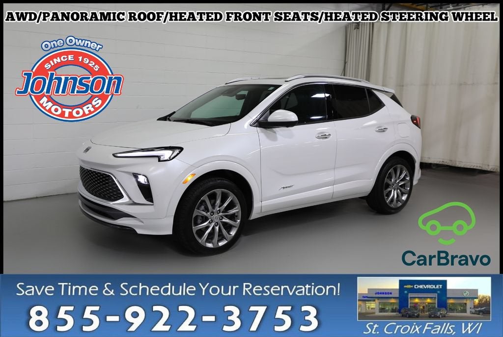 2025 Buick Encore GX Avenir in White Frost Tricoat — front three-quarter view